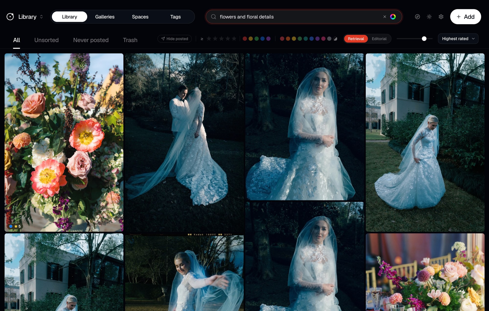 Orbit searching a wedding photo archive for ‘flowers and floral details’